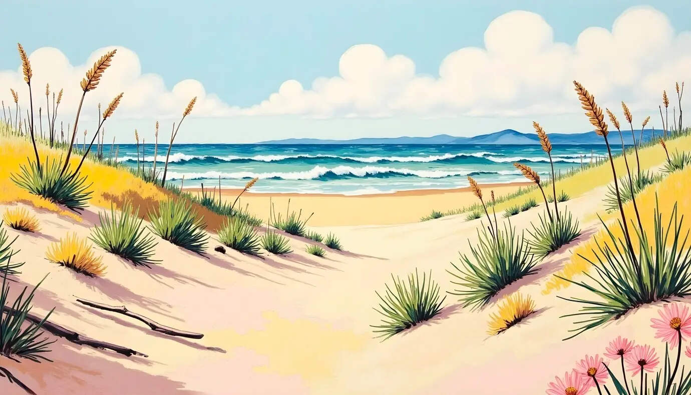 Пейзаж прибрежных дюн с пляжем и океаном.